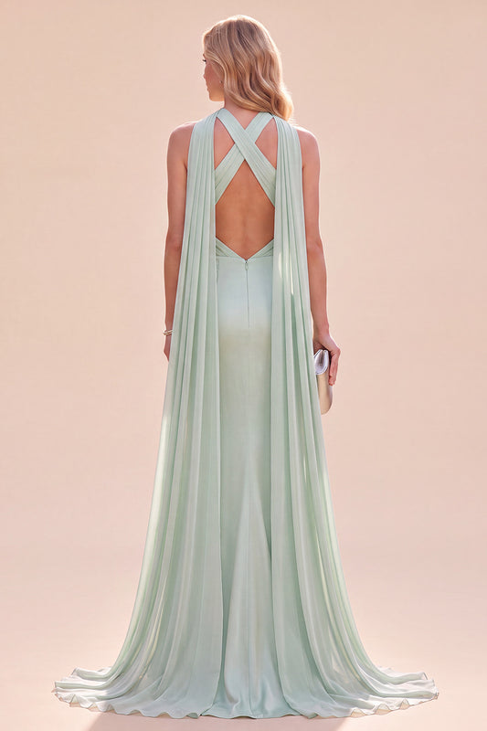 Mint Green Mermaid Halter Long Wedding Guest Dress with Neck Scarf