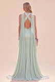 Mint Green Mermaid Halter Long Wedding Guest Dress with Neck Scarf