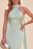 Mint Green Mermaid Halter Long Wedding Guest Dress with Neck Scarf