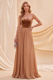 Khaki A Line Beaded Halter Pleated Long Beach Wedding Guest Dress