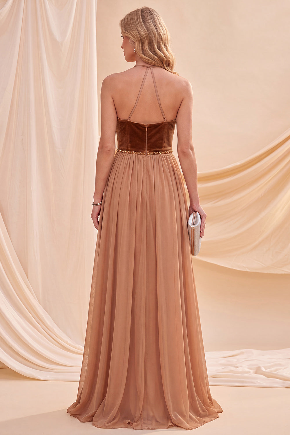 Khaki A Line Beaded Halter Pleated Long Beach Wedding Guest Dress