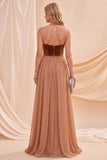 Khaki A Line Beaded Halter Pleated Long Beach Wedding Guest Dress