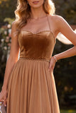 Khaki A Line Beaded Halter Pleated Long Beach Wedding Guest Dress