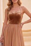 Khaki A Line Beaded Halter Pleated Long Beach Wedding Guest Dress