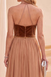 Khaki A Line Beaded Halter Pleated Long Beach Wedding Guest Dress