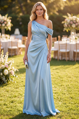 A Line Sky Blue Satin Simple One Shoulder Long Wedding Guest Dress