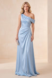 A Line Sky Blue Satin Simple One Shoulder Long Wedding Guest Dress