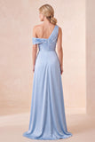 A Line Sky Blue Satin Simple One Shoulder Long Wedding Guest Dress