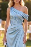 A Line Sky Blue Satin Simple One Shoulder Long Wedding Guest Dress
