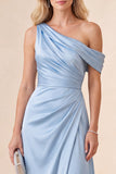 A Line Sky Blue Satin Simple One Shoulder Long Wedding Guest Dress