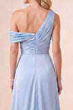A Line Sky Blue Satin Simple One Shoulder Long Wedding Guest Dress