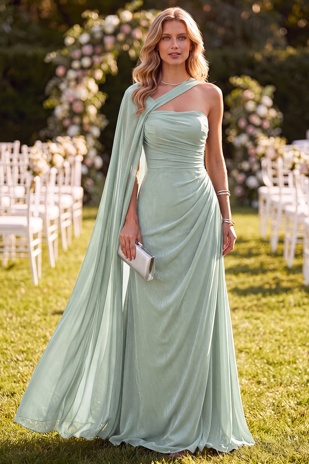 Mint Green A Line Ruched Long Wedding Guest Dress with Side Cape