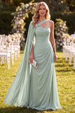 Mint Green A Line Ruched Long Wedding Guest Dress with Side Cape