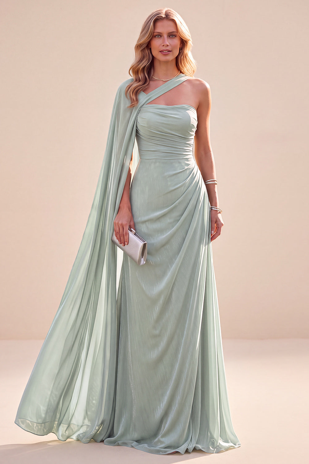 Mint Green A Line Ruched Long Wedding Guest Dress with Side Cape