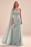 Mint Green A Line Ruched Long Wedding Guest Dress with Side Cape