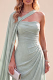 Mint Green A Line Ruched Long Wedding Guest Dress with Side Cape