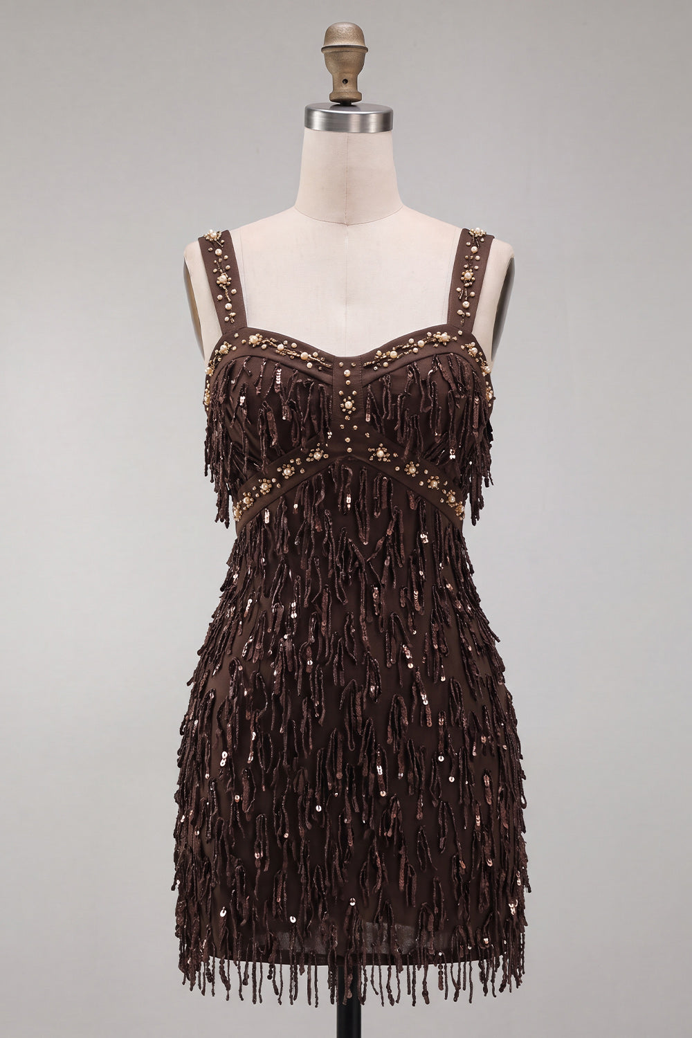 Brown Fringed Thick Straps Short Tight Homecoming Dress with Beading