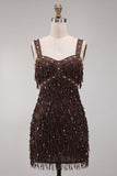Brown Fringed Thick Straps Short Tight Homecoming Dress with Beading