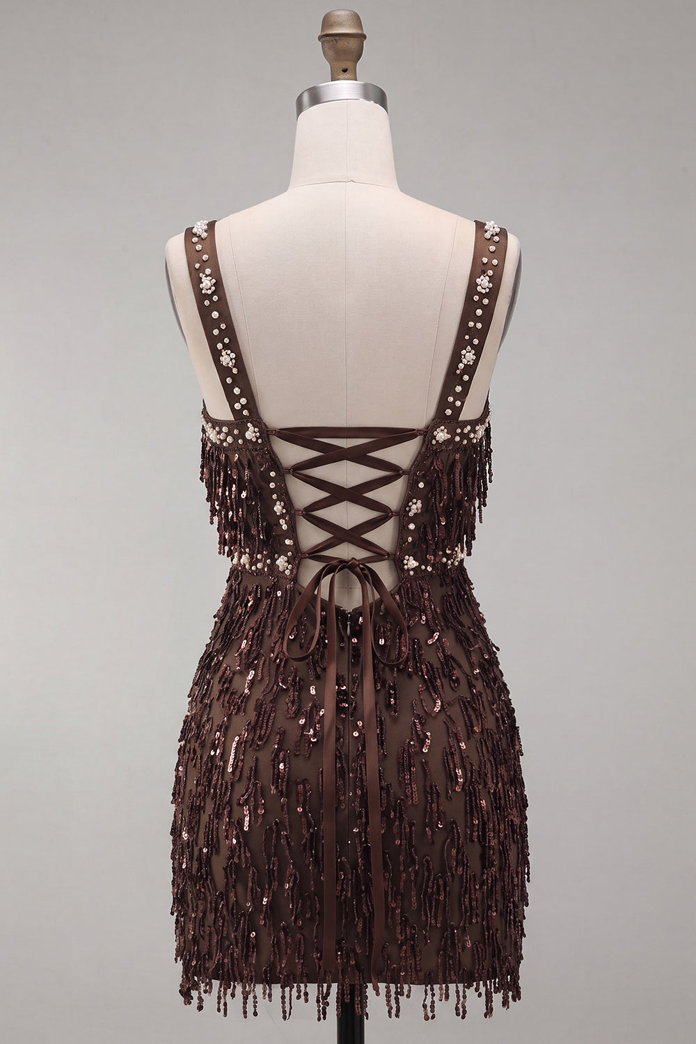 Brown Fringed Thick Straps Short Tight Homecoming Dress with Beading