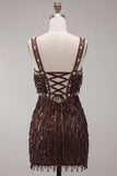 Brown Fringed Thick Straps Short Tight Homecoming Dress with Beading
