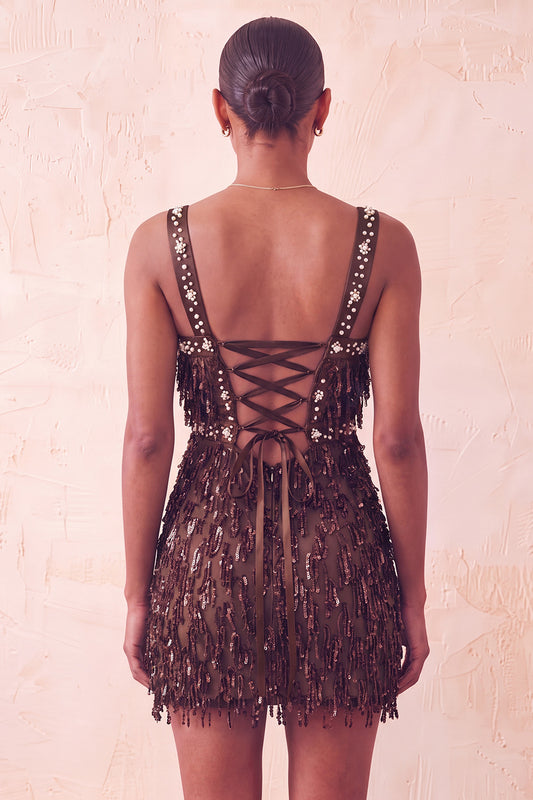 Brown Fringed Thick Straps Short Tight Homecoming Dress with Beading