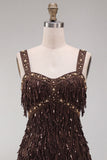 Brown Fringed Thick Straps Short Tight Homecoming Dress with Beading