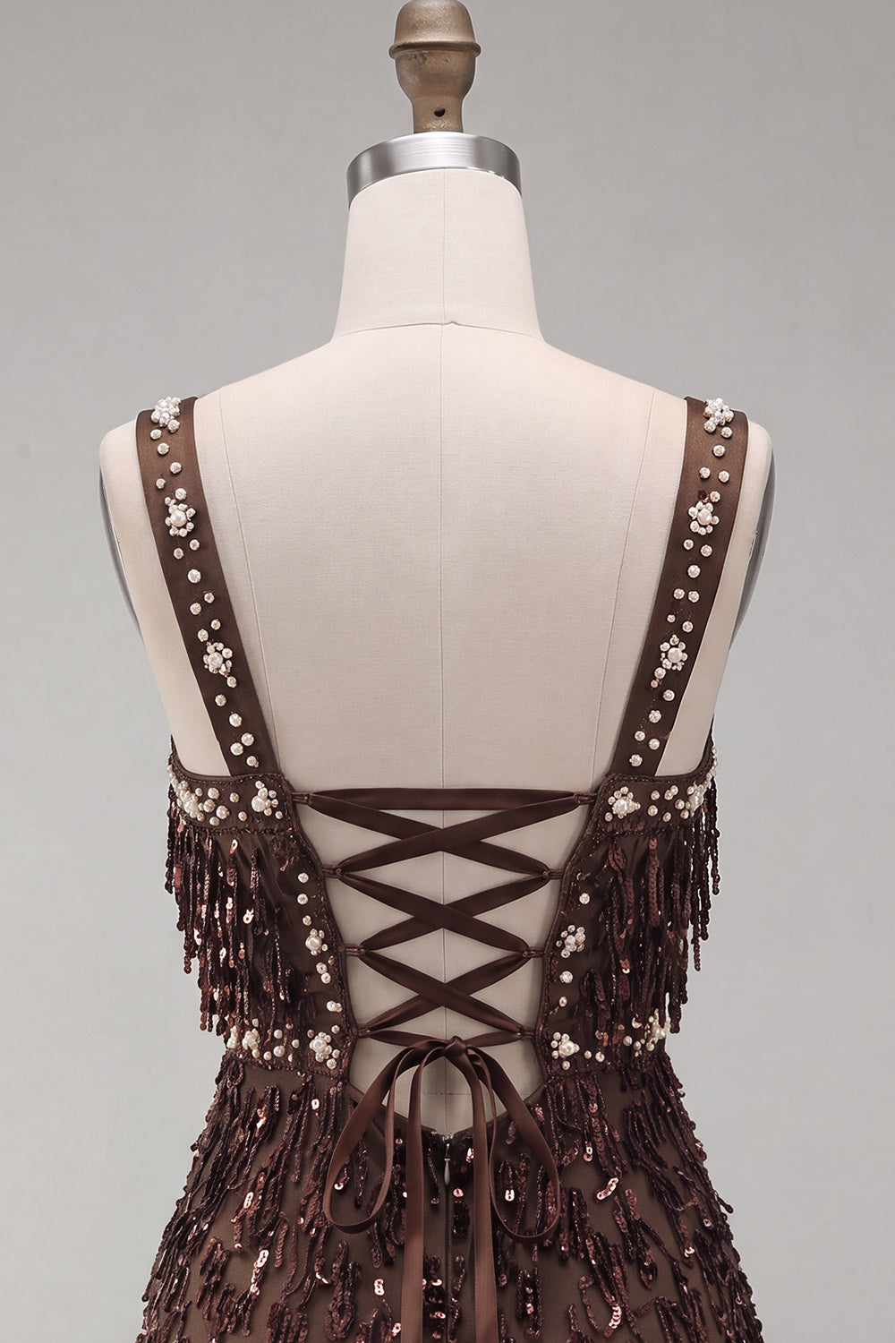 Brown Fringed Thick Straps Short Tight Homecoming Dress with Beading