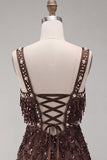 Brown Fringed Thick Straps Short Tight Homecoming Dress with Beading