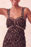 Brown Fringed Thick Straps Short Tight Homecoming Dress with Beading