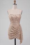 Sparkly Champagne Sequin Tight Ruched Short Corset Homecoming Dress