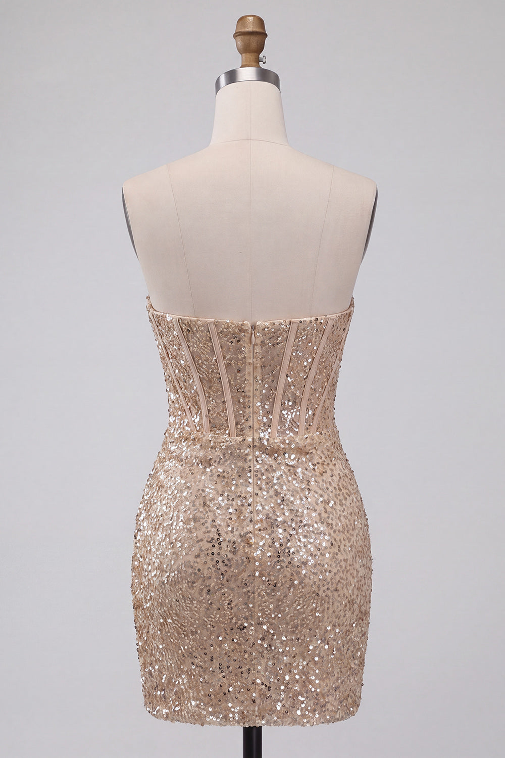 Sparkly Champagne Sequin Tight Ruched Short Corset Homecoming Dress
