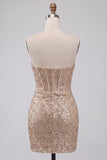 Sparkly Champagne Sequin Tight Ruched Short Corset Homecoming Dress