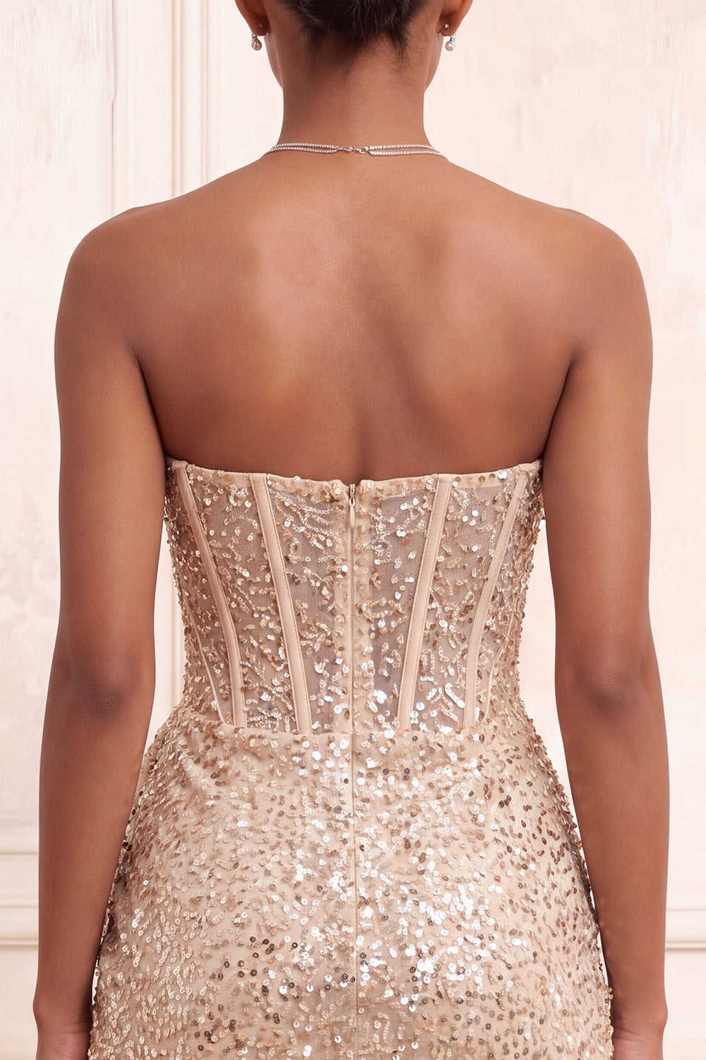 Sparkly Champagne Sequin Tight Ruched Short Corset Homecoming Dress