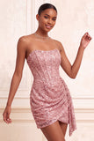 Sparkly Champagne Sequin Tight Ruched Short Corset Homecoming Dress