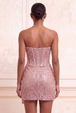 Sparkly Champagne Sequin Tight Ruched Short Corset Homecoming Dress