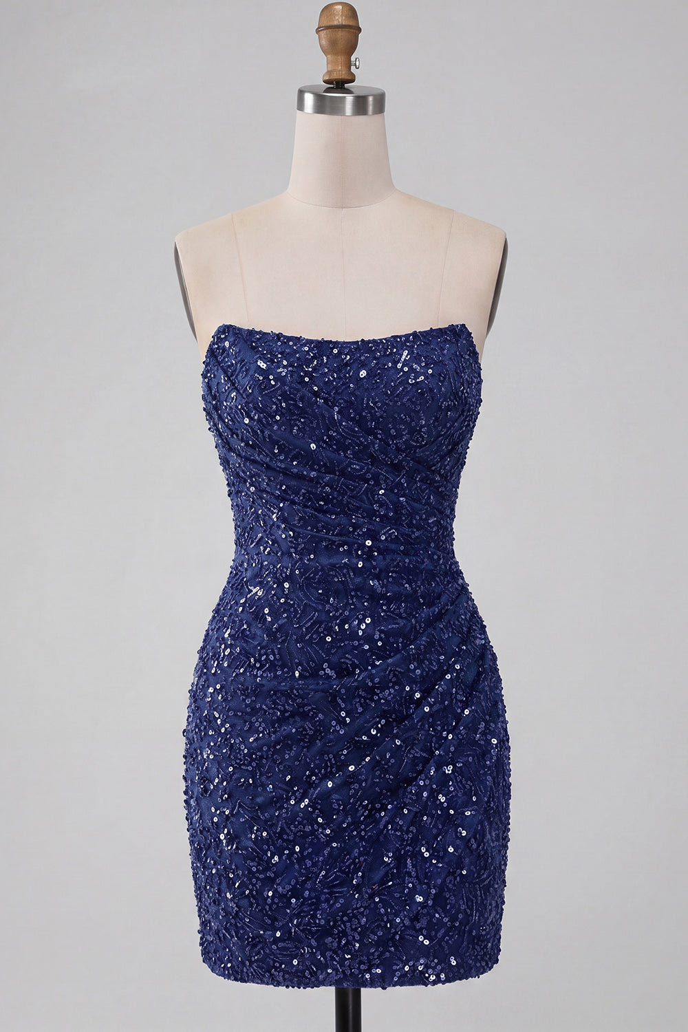 Sparkly Navy Sequin Strapless Tight Ruched Short Homecoming Dress