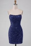 Sparkly Navy Sequin Strapless Tight Ruched Short Homecoming Dress