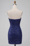Sparkly Navy Sequin Strapless Tight Ruched Short Homecoming Dress