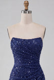 Sparkly Navy Sequin Strapless Tight Ruched Short Homecoming Dress