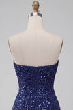 Sparkly Navy Sequin Strapless Tight Ruched Short Homecoming Dress