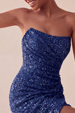 Sparkly Navy Sequin Strapless Tight Ruched Short Homecoming Dress