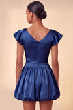 Sky Blue Satin A-Line Cap Sleeves Short Homecoming Dress with Bow