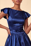 Sky Blue Satin A-Line Cap Sleeves Short Homecoming Dress with Bow