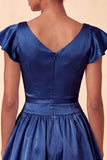 Sky Blue Satin A-Line Cap Sleeves Short Homecoming Dress with Bow