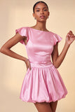 Sky Blue Satin A-Line Cap Sleeves Short Homecoming Dress with Bow