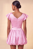 Sky Blue Satin A-Line Cap Sleeves Short Homecoming Dress with Bow