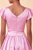 Sky Blue Satin A-Line Cap Sleeves Short Homecoming Dress with Bow