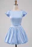 Sky Blue Satin A-Line Cap Sleeves Short Homecoming Dress with Bow