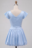 Sky Blue Satin A-Line Cap Sleeves Short Homecoming Dress with Bow