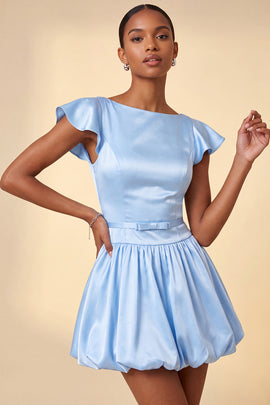 Sky Blue Satin A-Line Cap Sleeves Short Homecoming Dress with Bow
